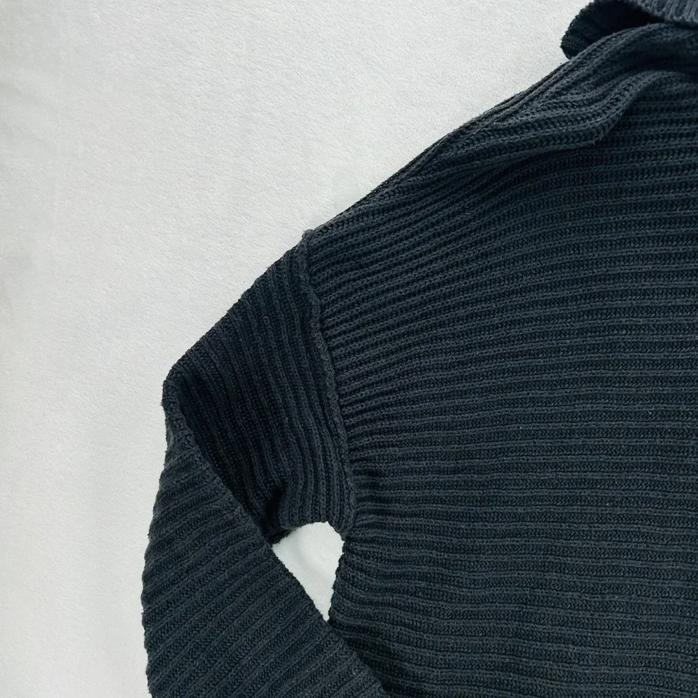Free People Sweater Womens Small Black Chunky Rib Knit Collared Deep V Pullover